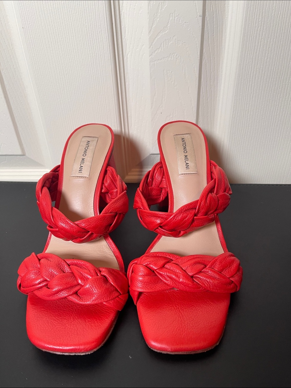 ANTONIO MELANI Red Braided Two-Strap Slide Mules